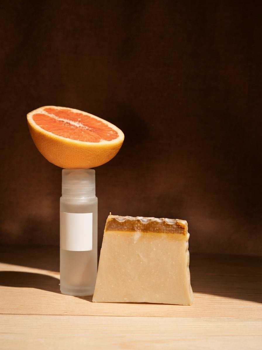 Jabón artesanal, roll-on y pomelo sobre madera