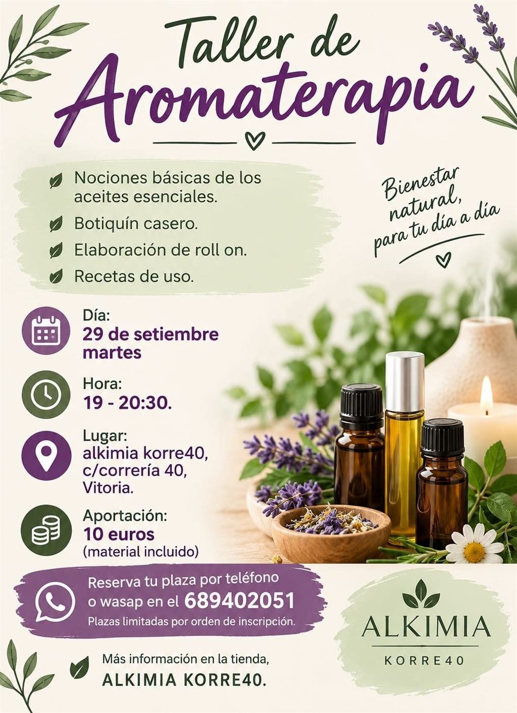 Cartel del Taller de Aromaterapia en Alkimia Korre 40